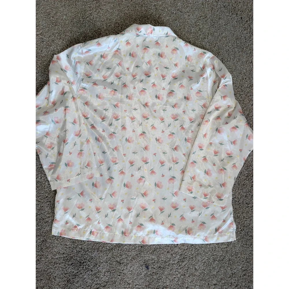 Vintage Delicates Satin Pajama Set Womens Large Floral Pink White Sleepwear 2pc